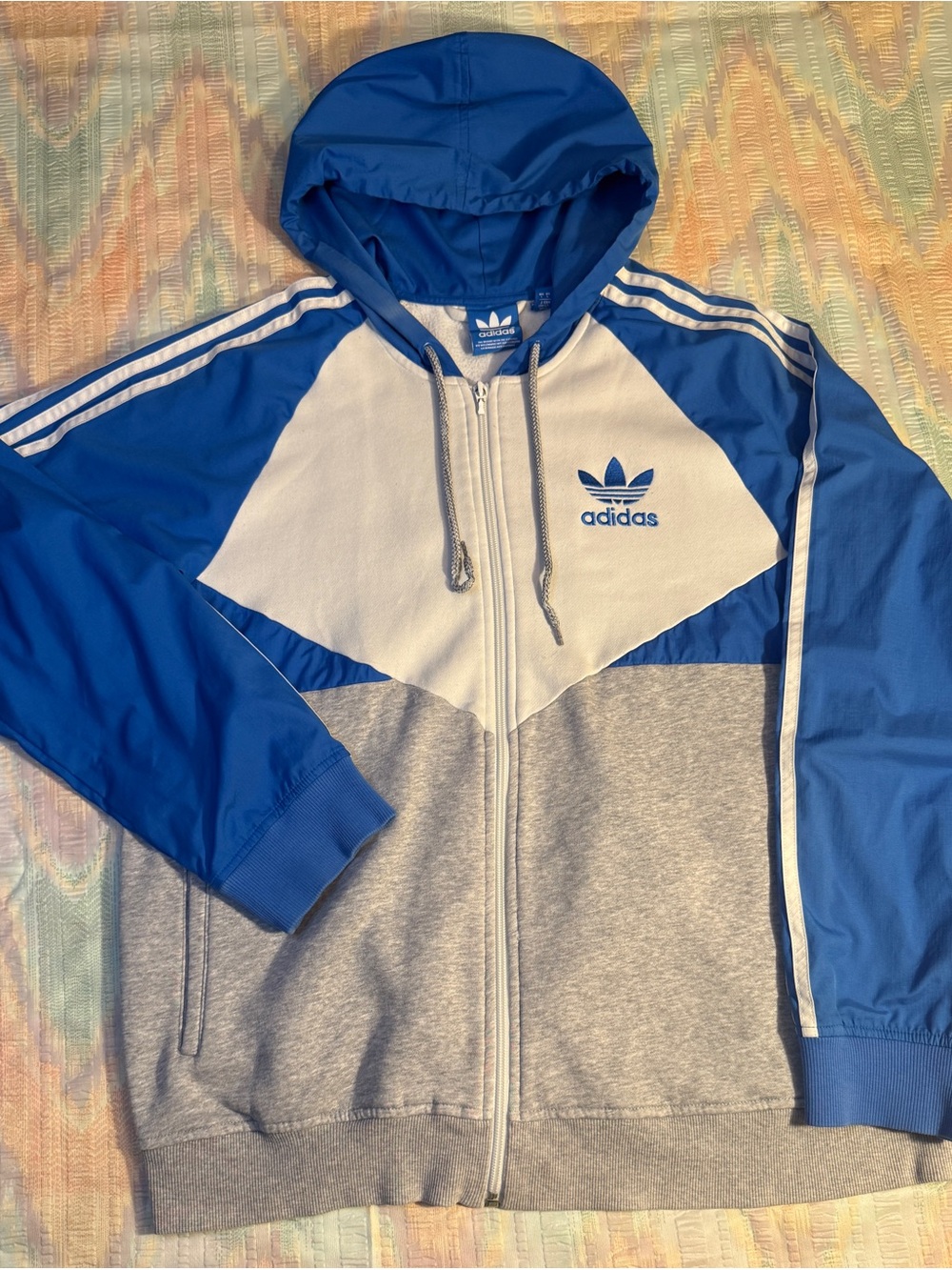 90’s Vintage Adidas Hoodie Mens L Gray/Blue Full Zip Sweatshirt Trefoil Logo